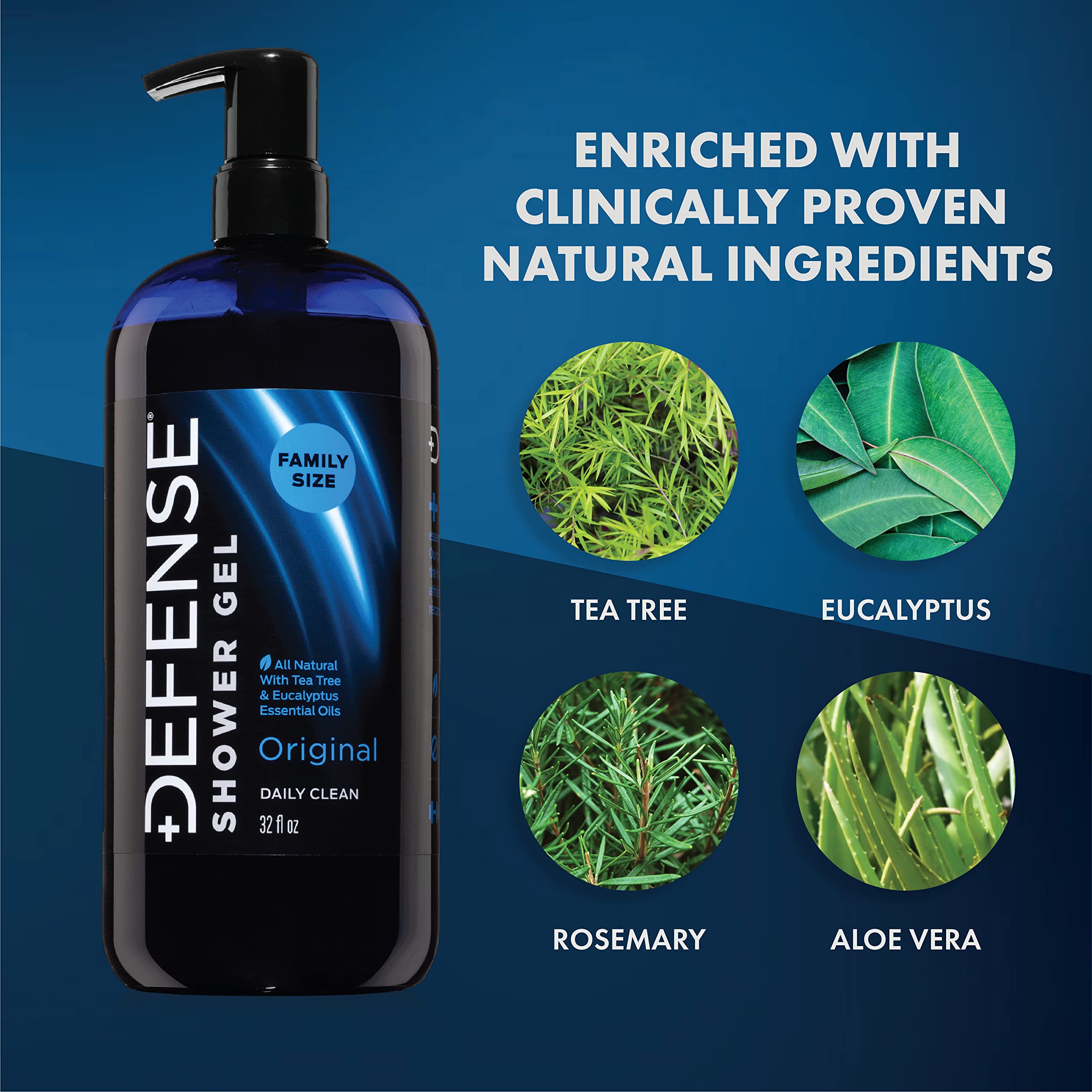 Close-up of Defense Soap Tea Tree Body Wash label highlighting natural oils.