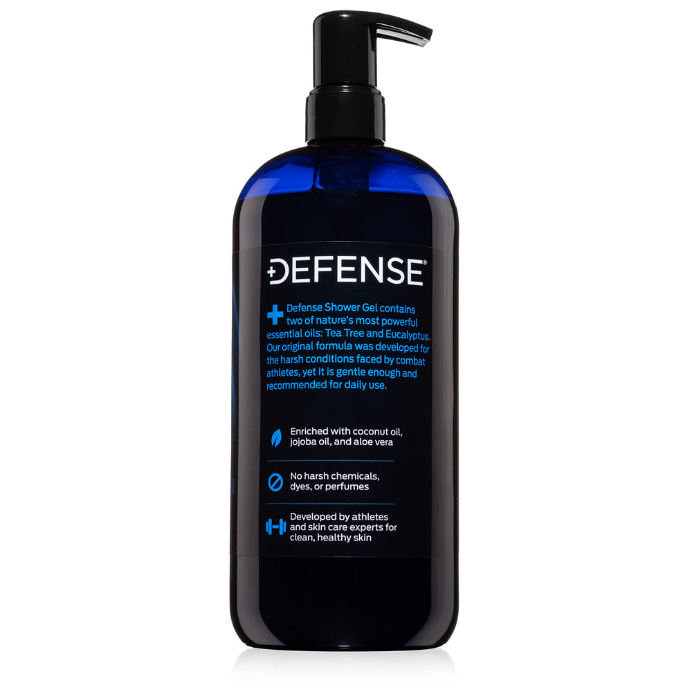 Pump-dispense action of Defense Soap Tea Tree Body Wash in use.