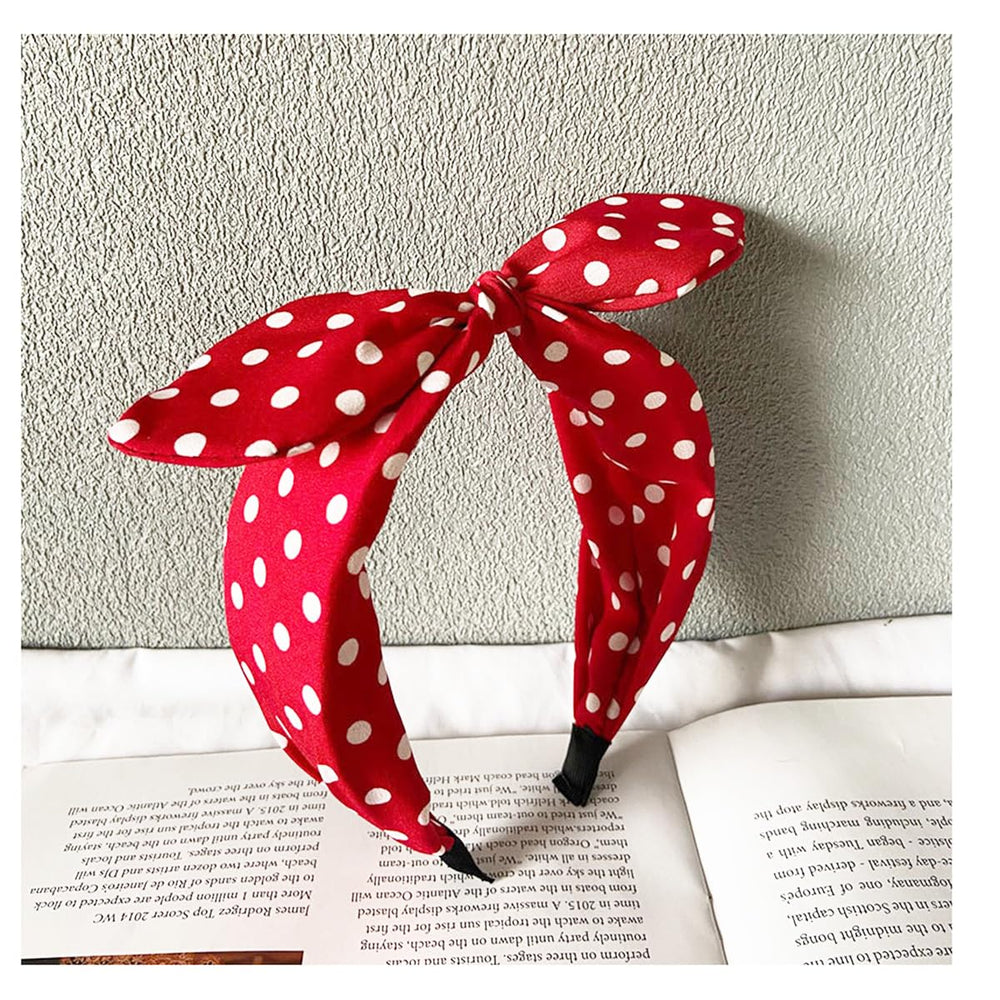Deghew red polka dot bow headband closeup highlighting vivid color and soft fabric