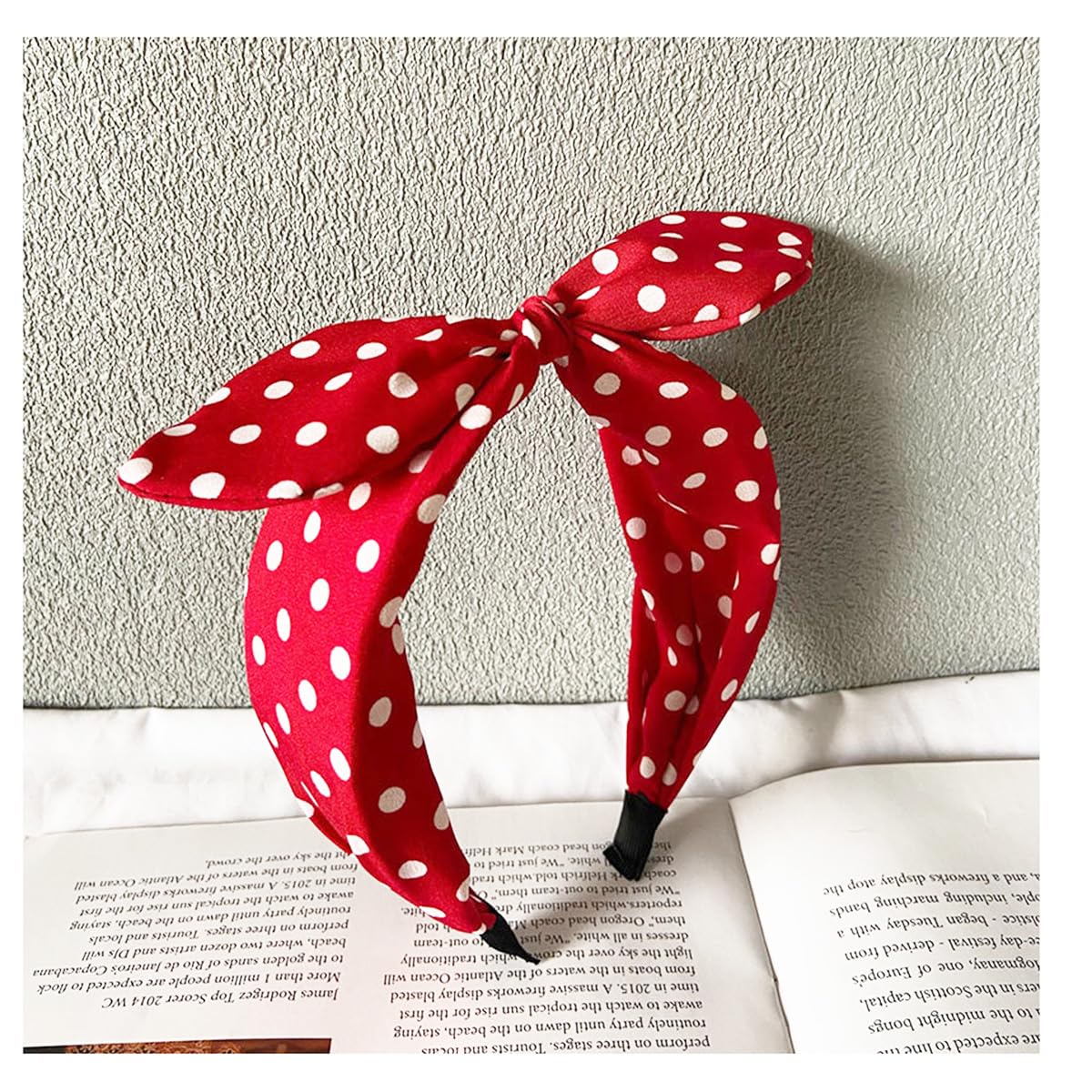 Deghew red polka dot bow headband closeup highlighting vivid color and soft fabric