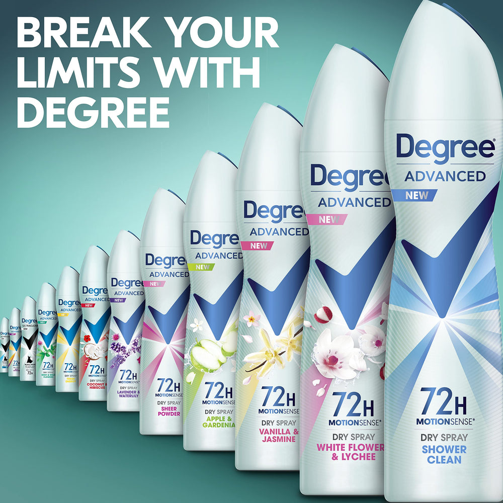 Degree Advanced Shower Clean recyclable aluminum can for eco-friendly use.