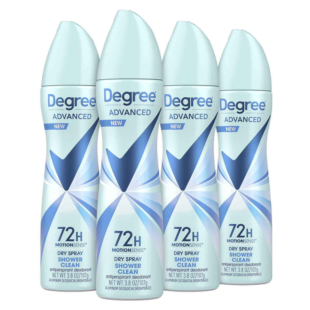Degree Advanced Shower Clean spray bottle with MotionSense technology for on-the-go protection.