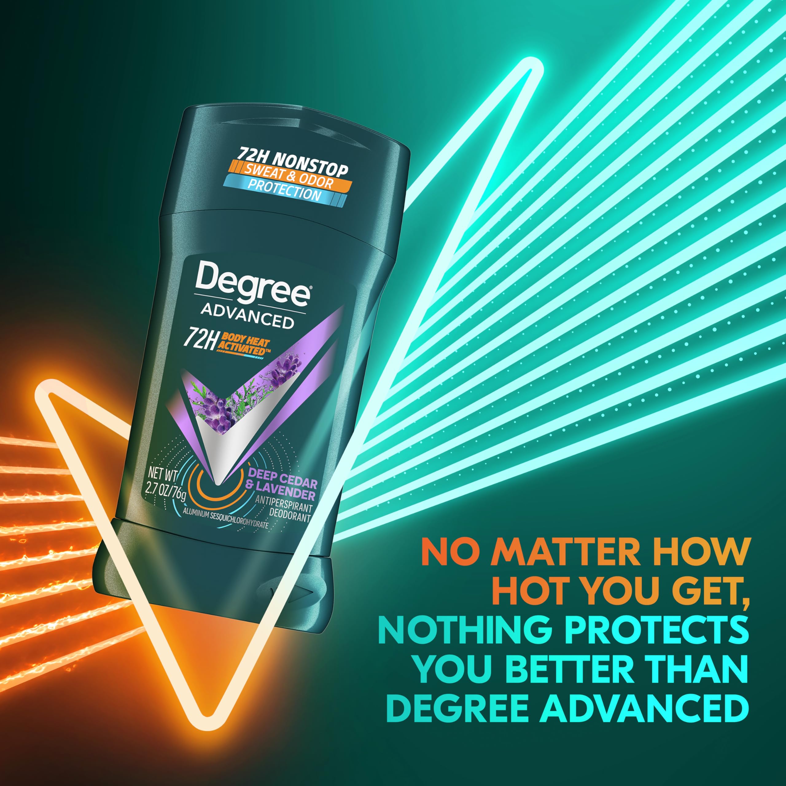 Degree Body Heat Activated technology graphic illustrates move-responsive protection.