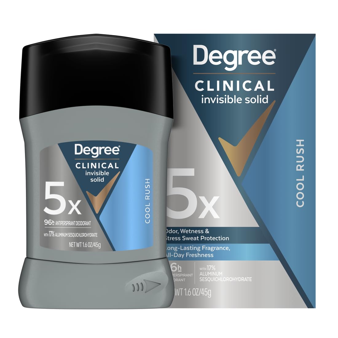 Degree Clinical 5X protege contra cinco tipos de sudor para uso diario.