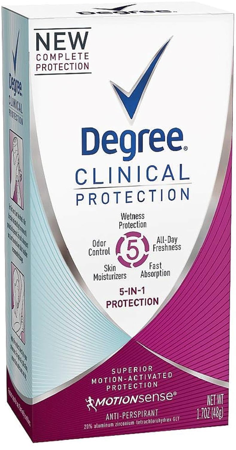Degree Clinical Protection 5-en-1, botella, protección antitranspirante de larga duración para el día.