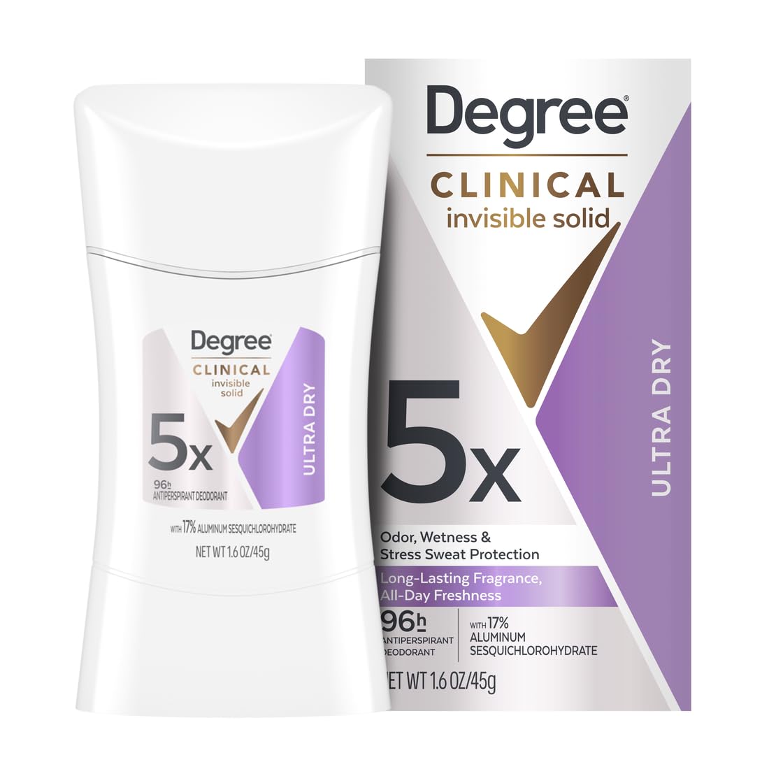 Degree Clinical Strength desodorante invisible sólido para mujer, protección de larga duración sin manchas.