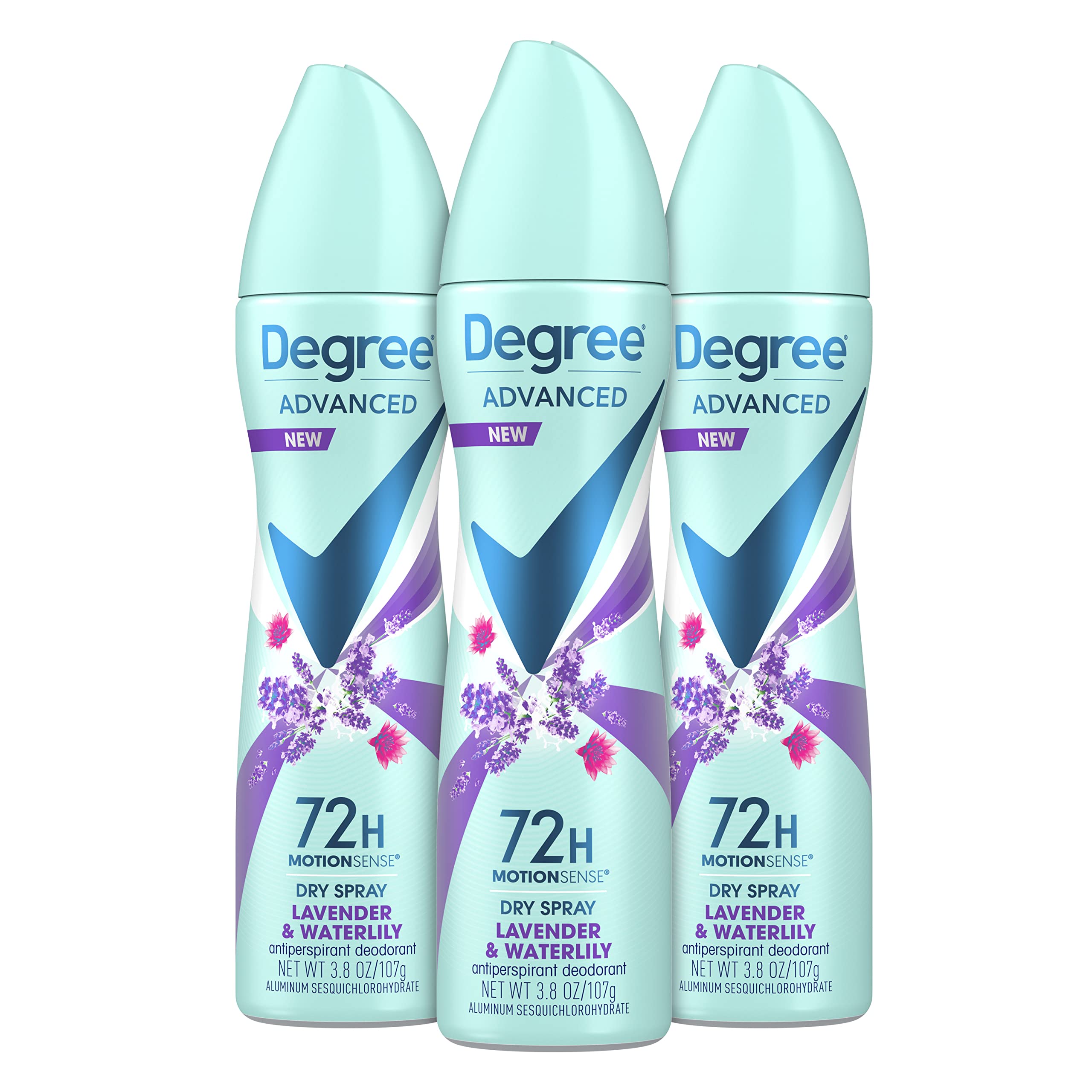 Degree desodorante seco en spray con lavanda y lirio de agua, envase de botella