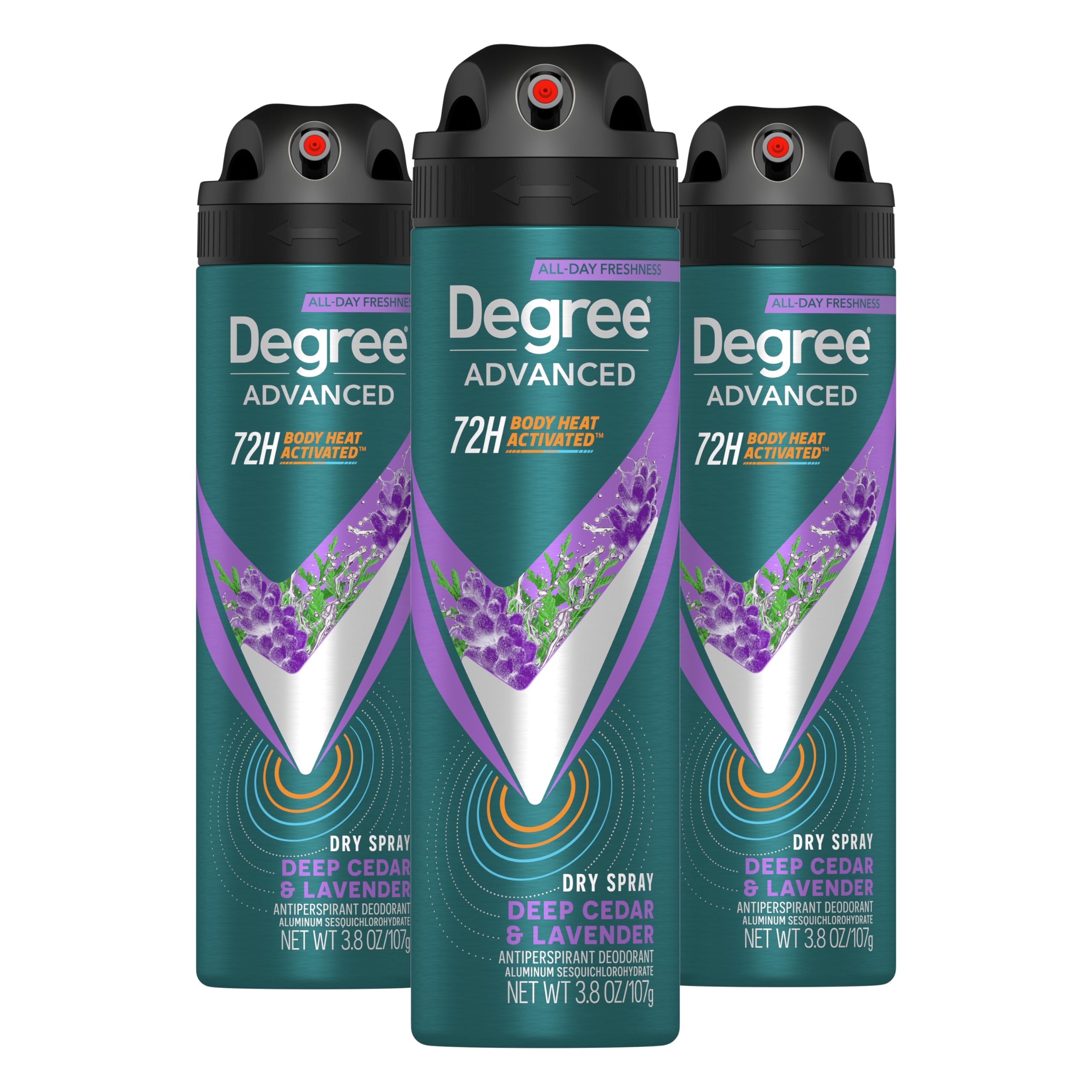 Desodorante Degree Hombre, spray seco con fragancia cedro-lavanda para uso diario.