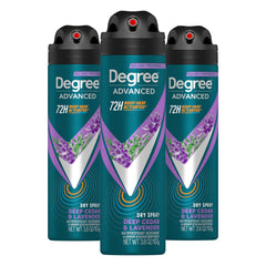 Desodorante Degree Hombre, spray seco con fragancia cedro-lavanda para uso diario.