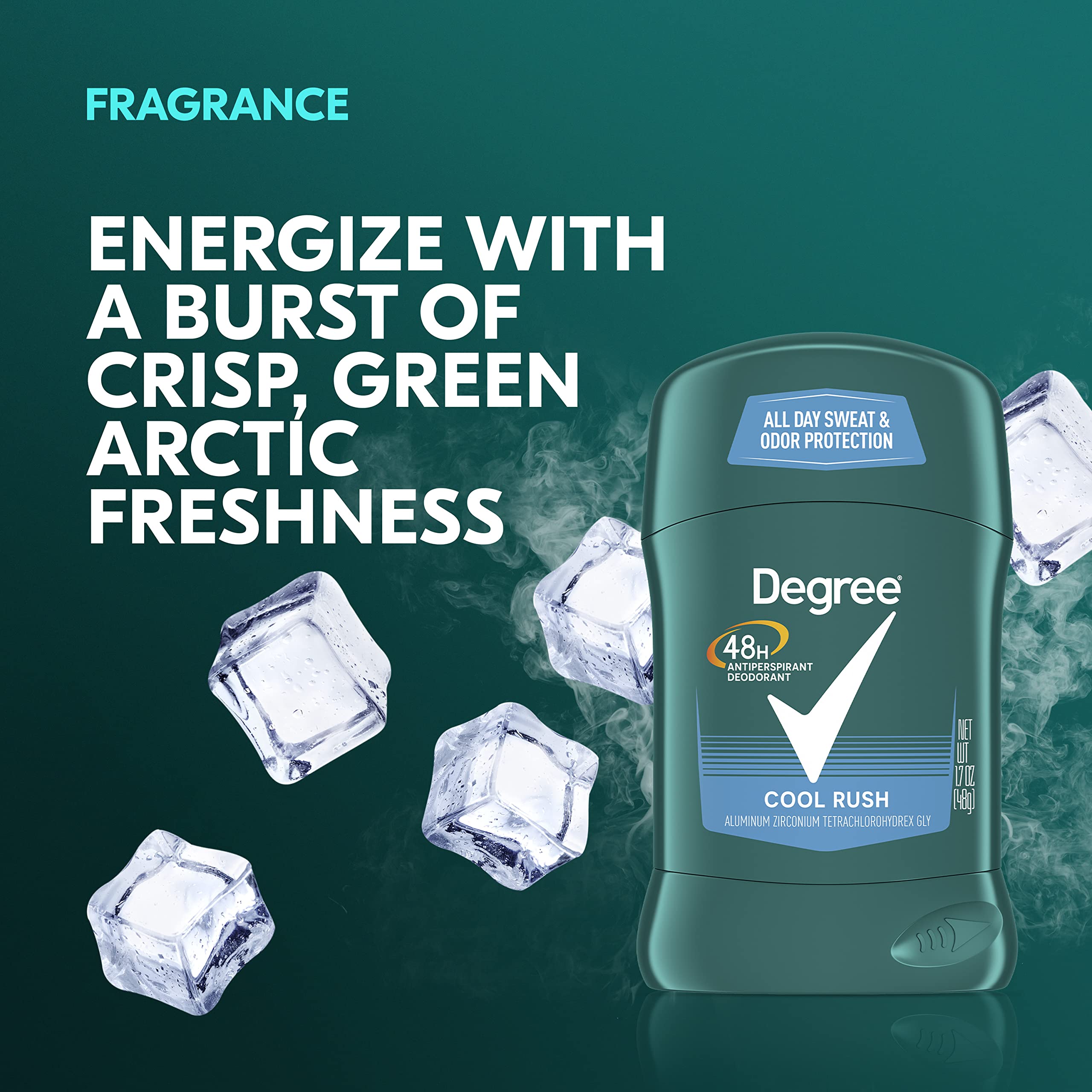 Degree Men Cool Rush label close-up emphasizes crisp cooling scent.