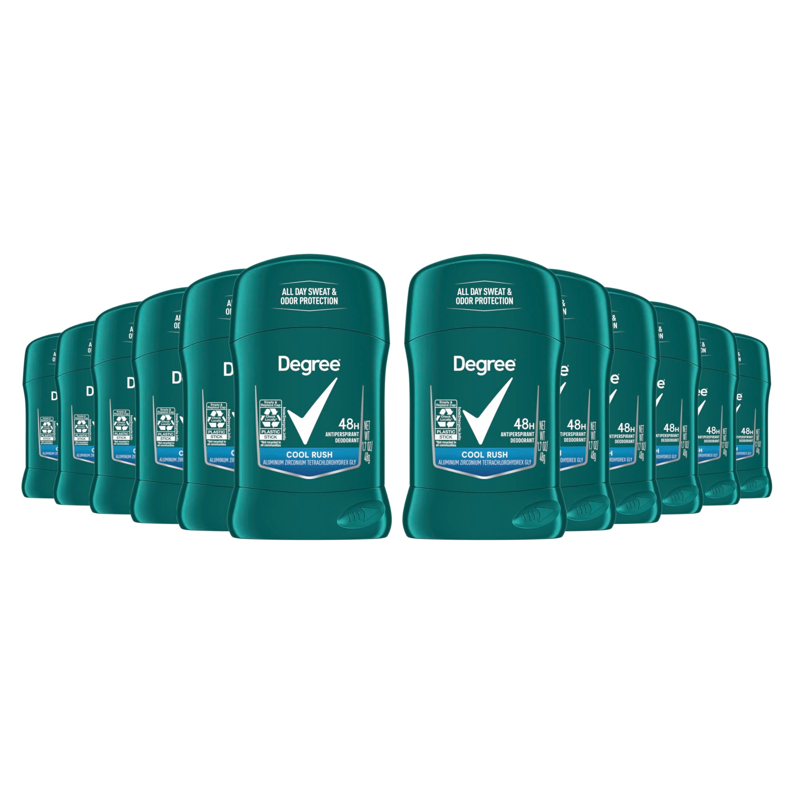 Degree Men Cool Rush twelve-pack sticks for all-day freshness.