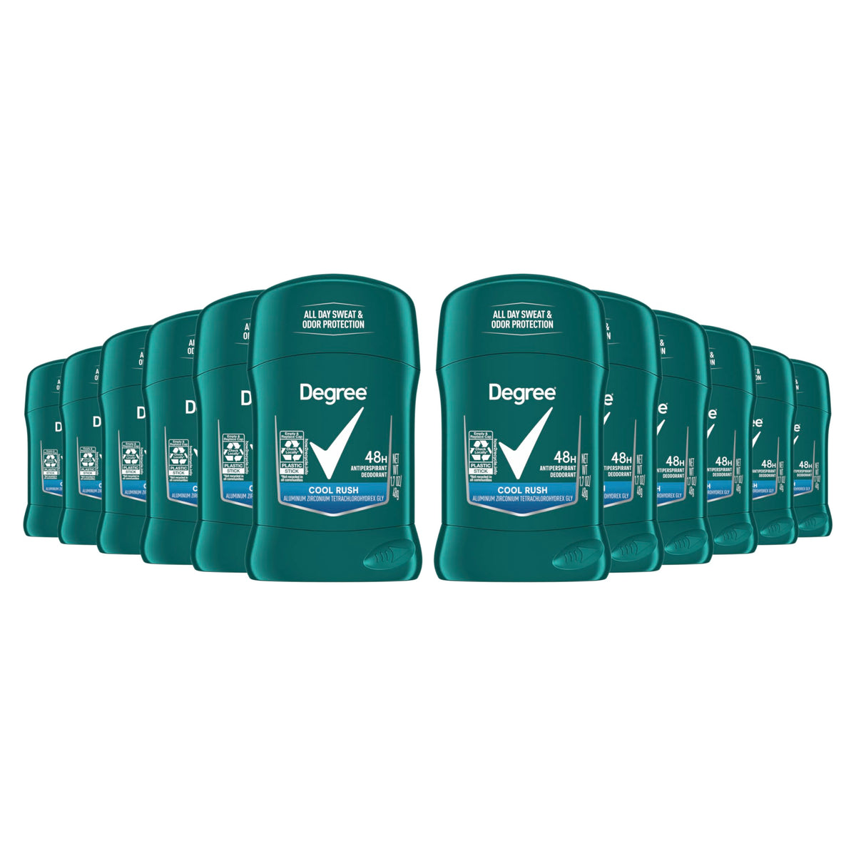 Degree Men Cool Rush twelve-pack sticks for all-day freshness.