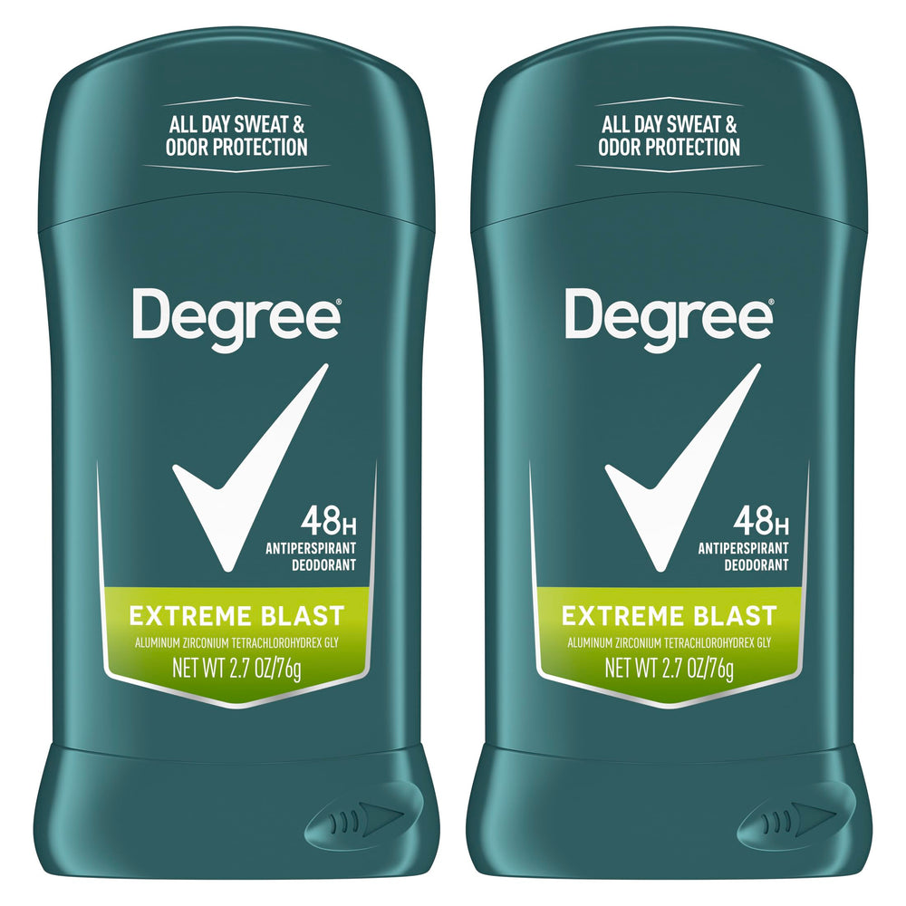 Degree Men Extreme Blast packaging shows the twin-pack design for long-lasting protection