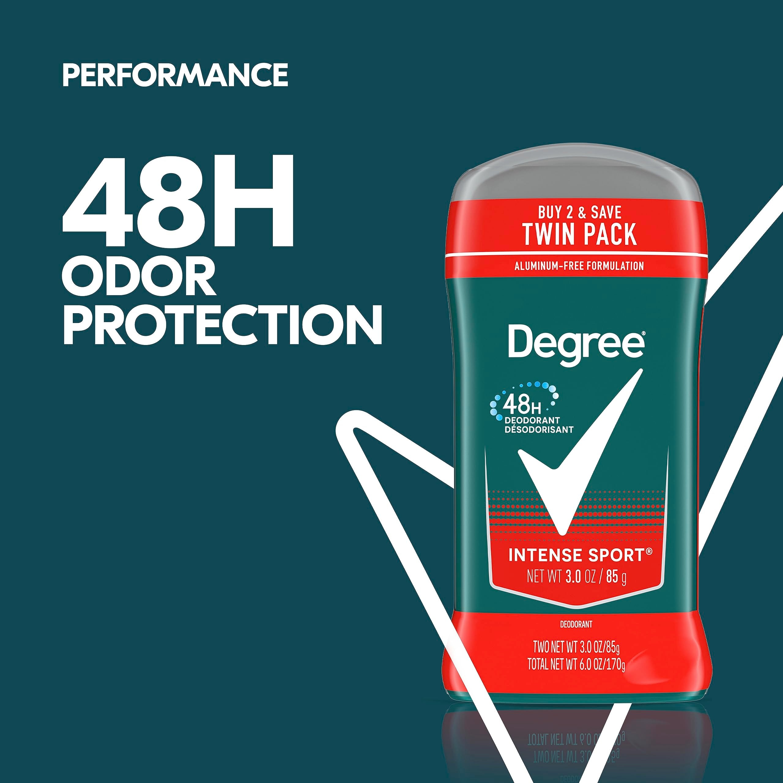 Back-view packaging shows Degree Intense Sport two-pack for confident days.