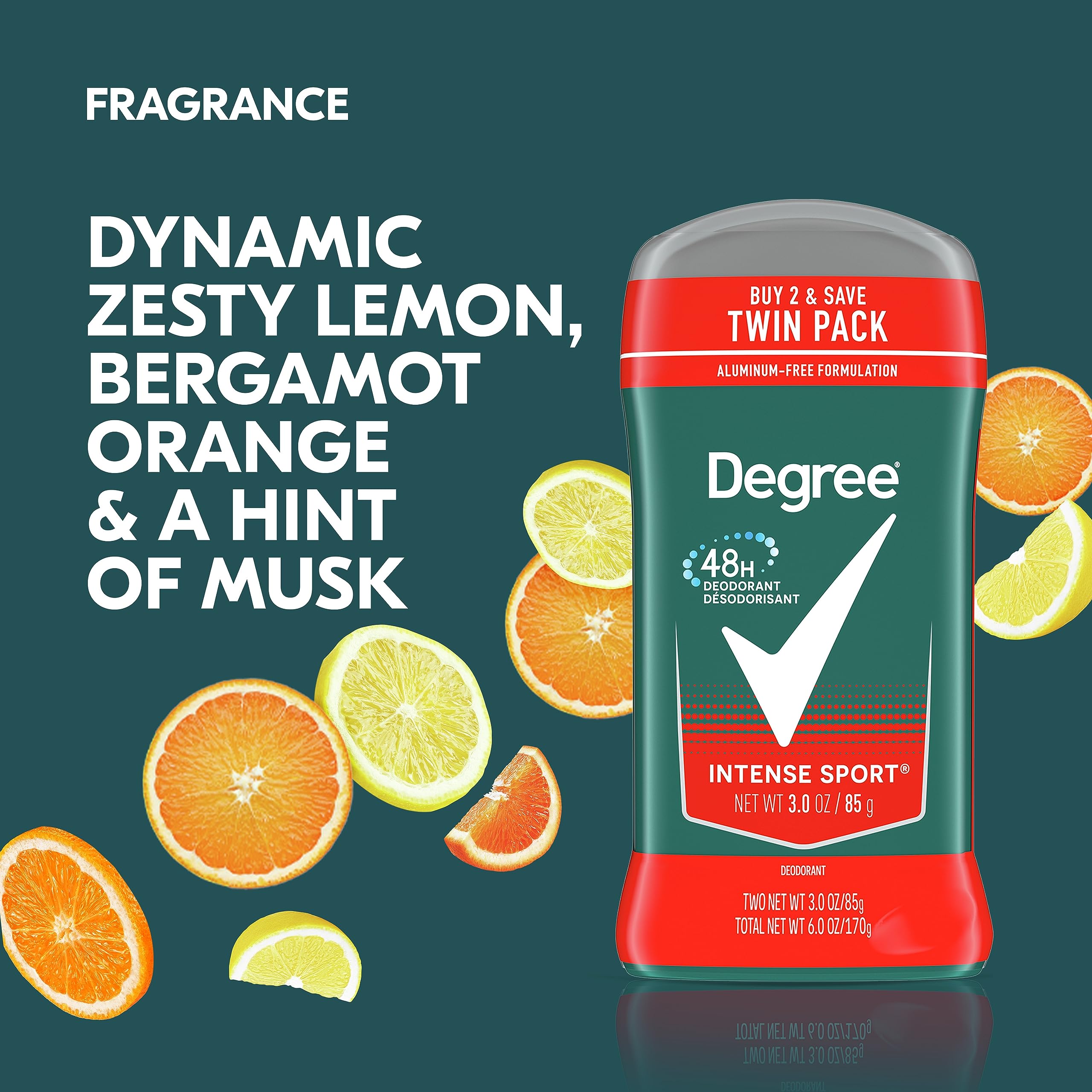 Degree Men Intense Sport scent notes lemon bergamot musk for a refreshing feel.