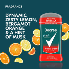 Degree Men Intense Sport scent notes lemon bergamot musk for a refreshing feel.
