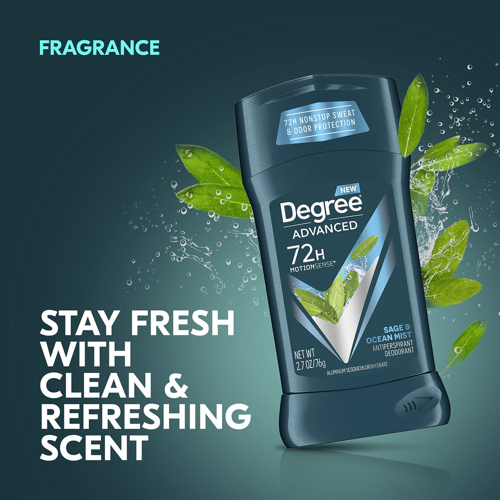 Packaging close-up showing 72-hour protection for Degree Men Sage & Ocean Mist.