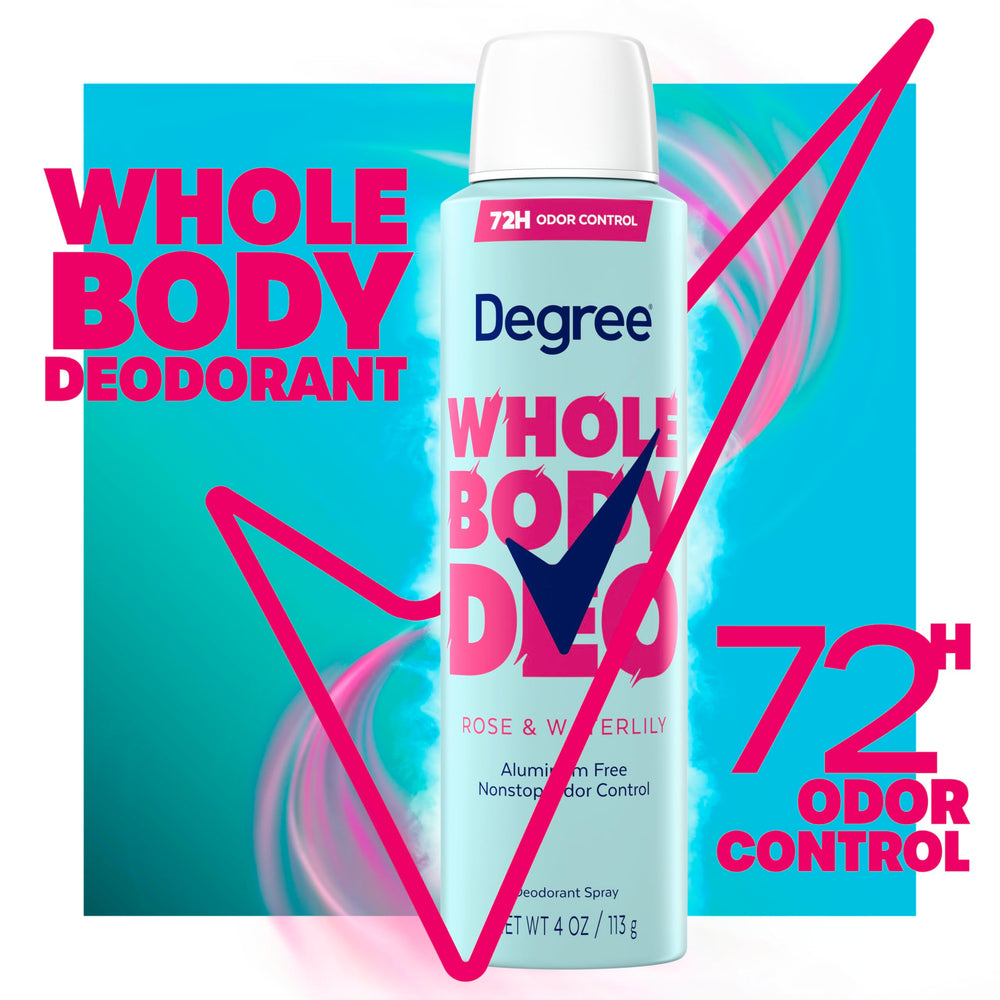 Degree para mujer desodorante corporal rosas-loto, spray para axilas, uso diario.
