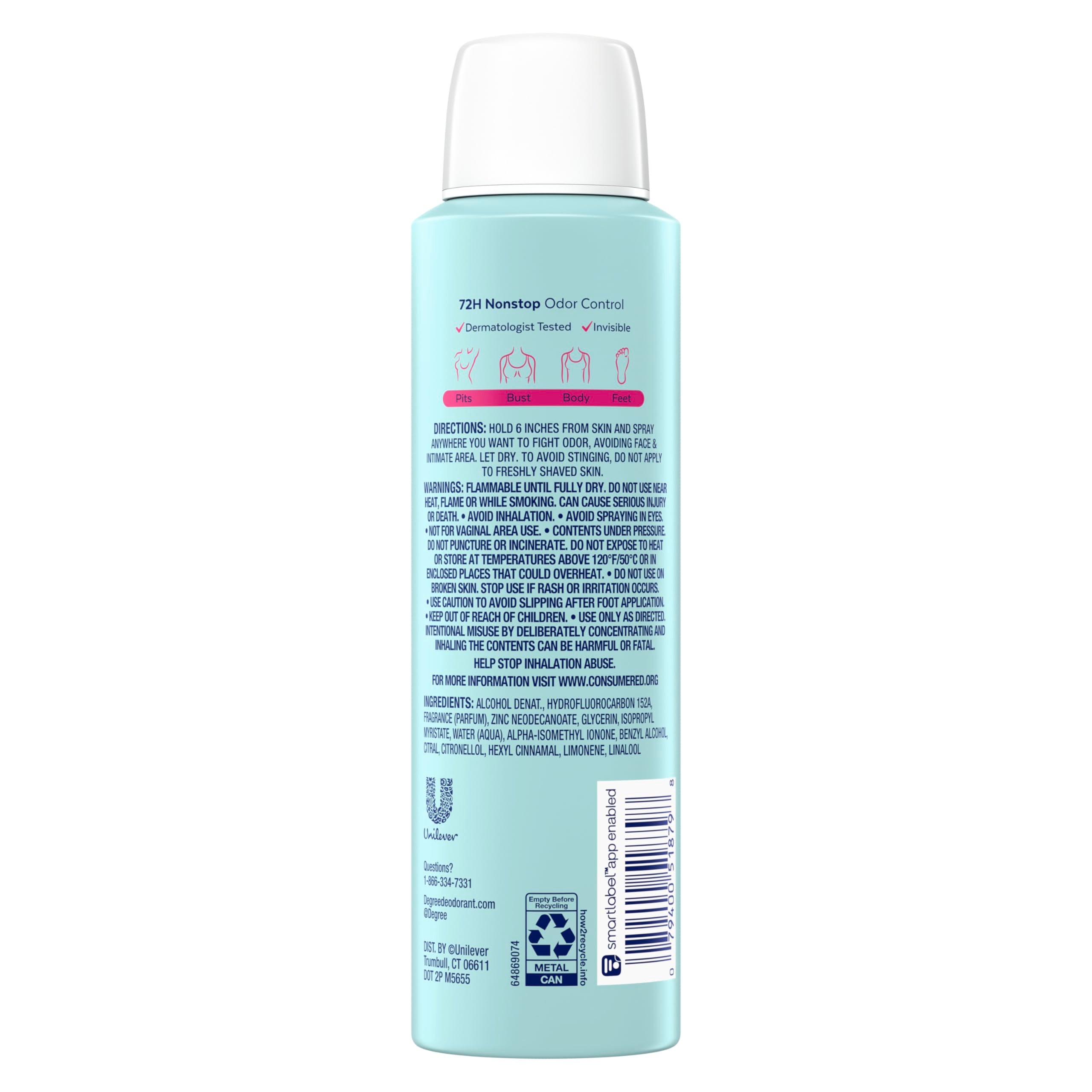 Degree para mujer desodorante corporal rosas-loto spray en mano, aplicación suave.