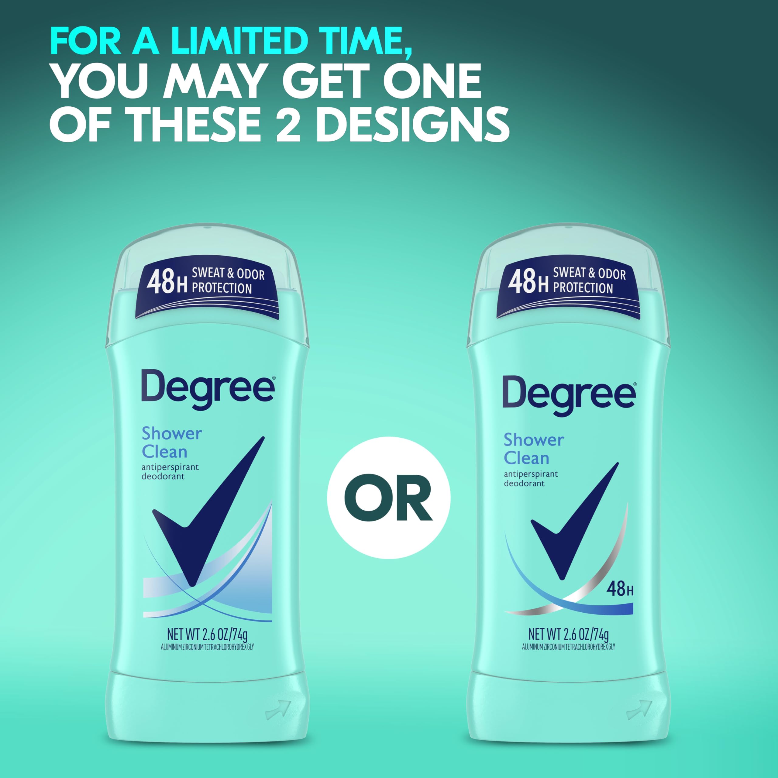Degree Shower Clean 48-hour protection label emphasizing extended odor control