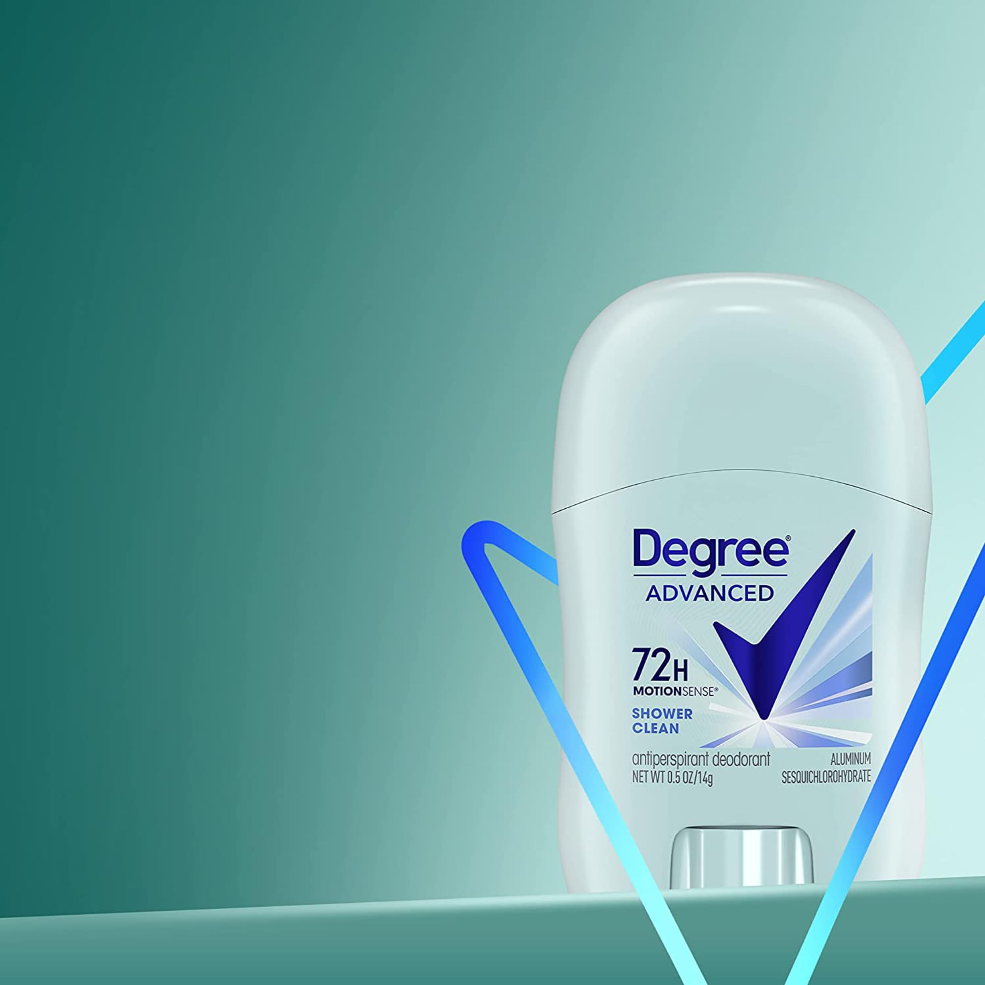 Degree Shower Clean scent bottle highlights refreshing fragrance.