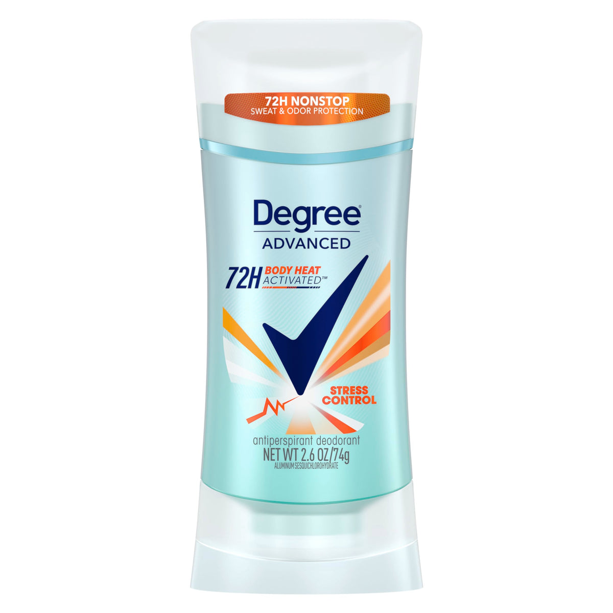 Degree Stress Control bottle top view showcases sleek design for daily use and long-lasting protection.