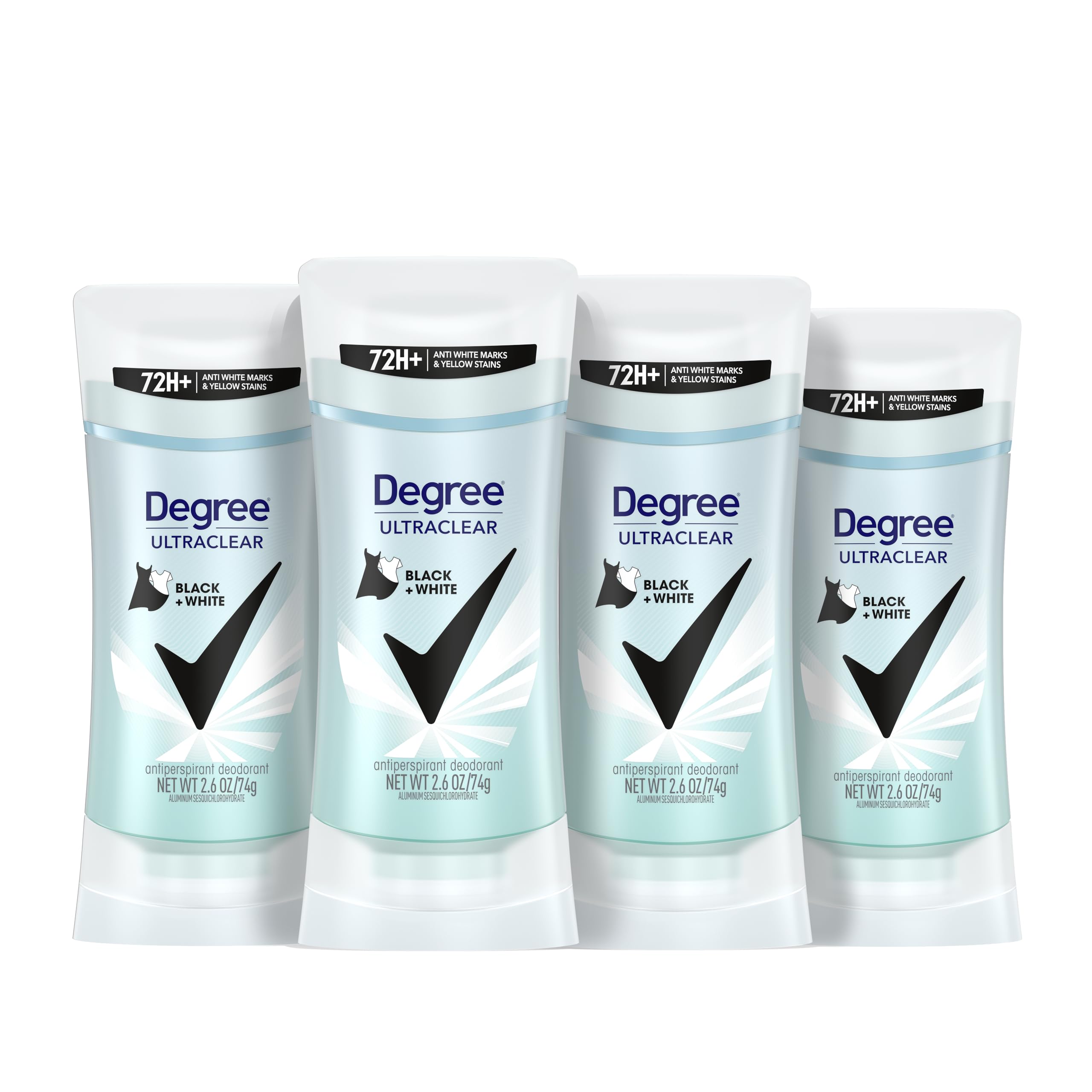 Degree UltraClear Black+White antiperspirant 4-pack showing stain protection for black and white outfits.