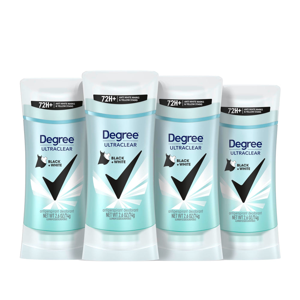 Degree UltraClear Black+White antiperspirant 4-pack showing stain protection for black and white outfits.