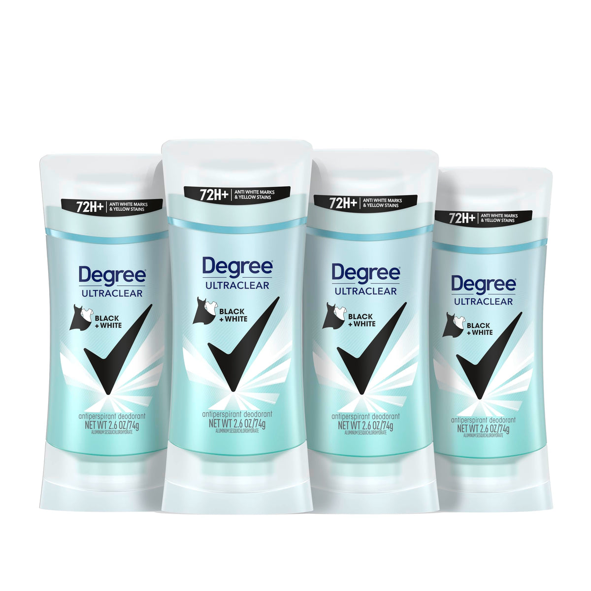 Degree UltraClear Black+White antiperspirant 4-pack showing stain protection for black and white outfits.
