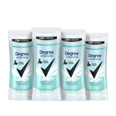 Degree UltraClear Black+White antiperspirant 4-pack showing stain protection for black and white outfits.