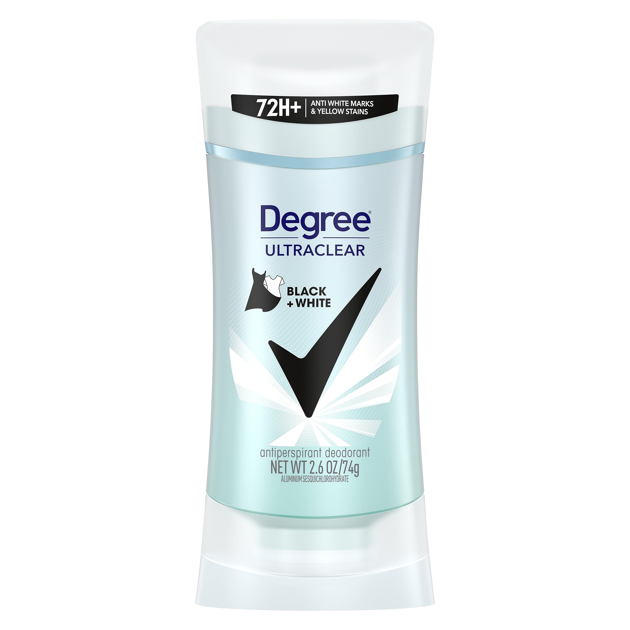 Degree UltraClear Black+White deodorant packaging highlighting anti-white mark technology.