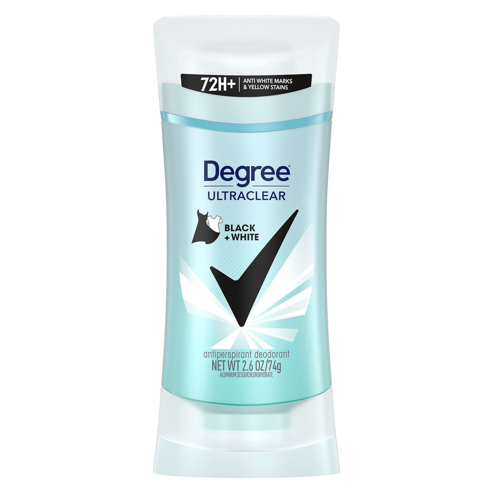Degree UltraClear Black+White deodorant packaging highlighting anti-white mark technology.