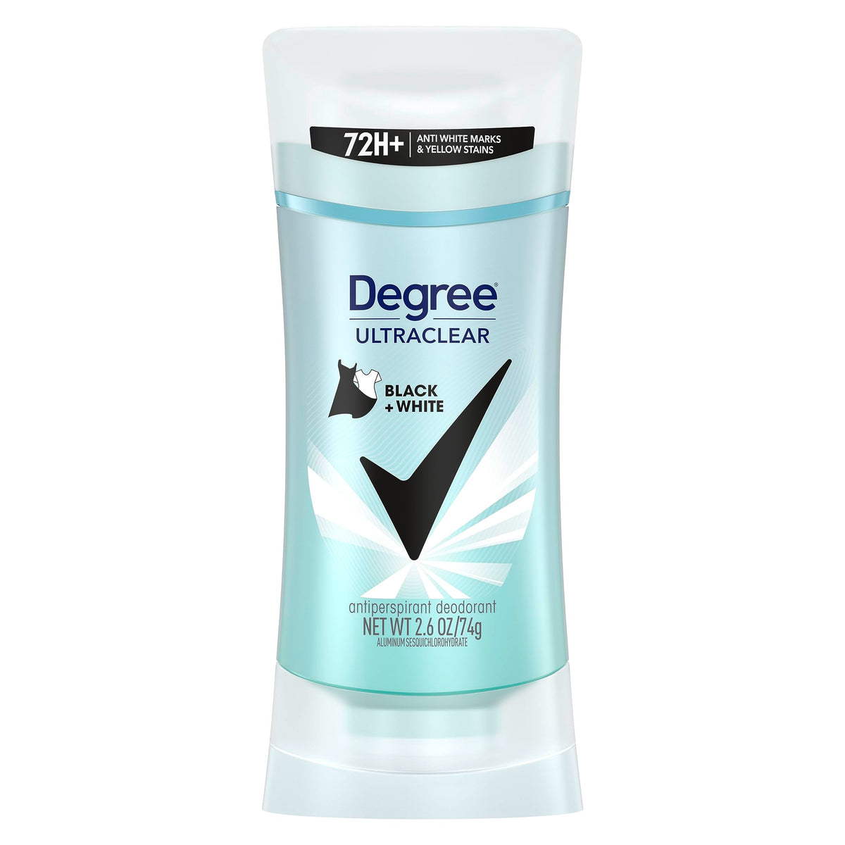 Degree UltraClear Black+White deodorant packaging highlighting anti-white mark technology.