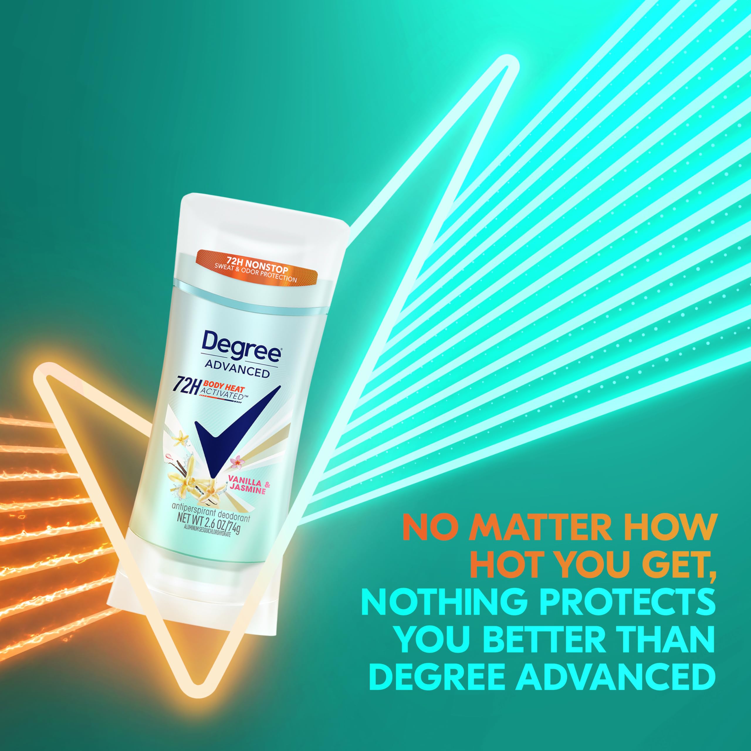 Degree Vanilla Jasmine bottle close-up emphasizes premium packaging and fragrance.