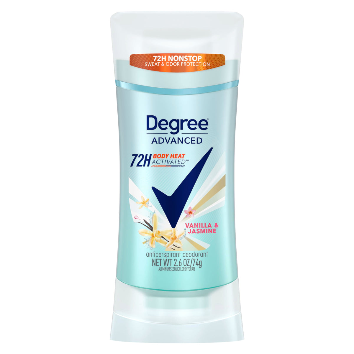 Degree Vanilla Jasmine bottle highlights long-lasting protection and inviting scent.