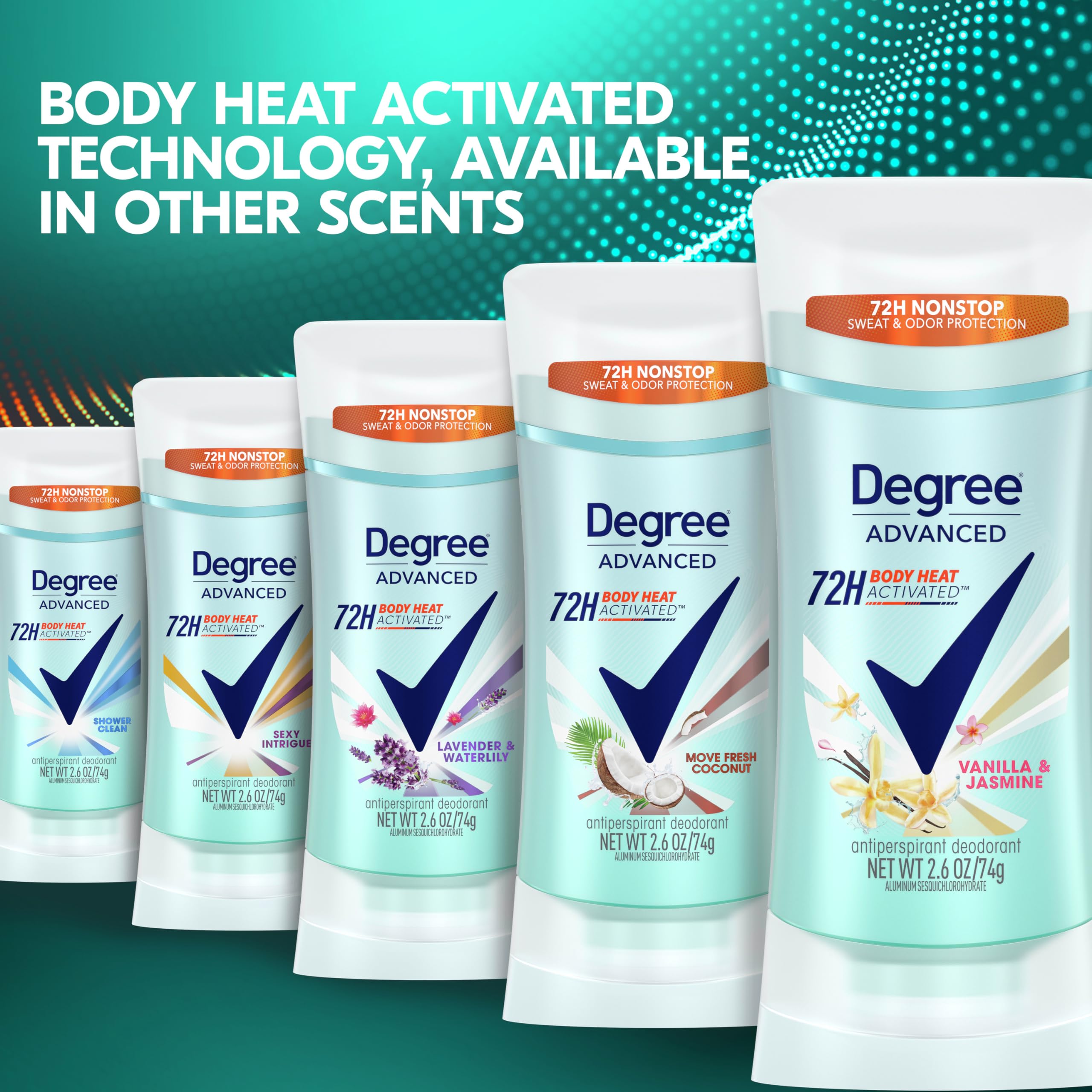 Degree Vanilla Jasmine lifestyle shot suggests all-day freshness during activities.