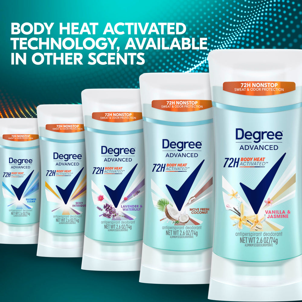 Degree Vanilla Jasmine lifestyle shot suggests all-day freshness during activities.