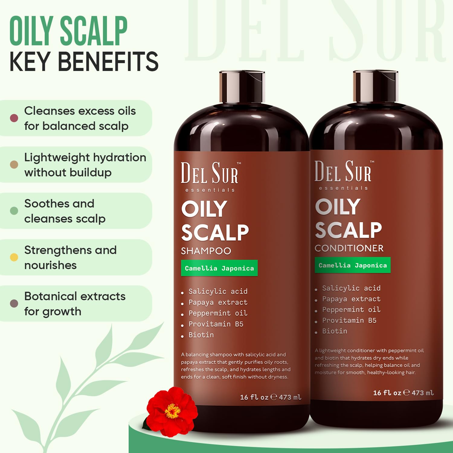 DEL SUR conditioner bottle demonstrating smoothing action for non-greasy lengths