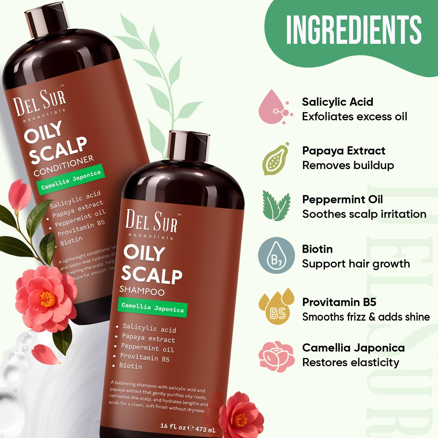 DEL SUR label close-up highlights camellia japonica and salicylic acid