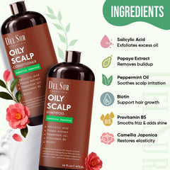 DEL SUR label close-up highlights camellia japonica and salicylic acid