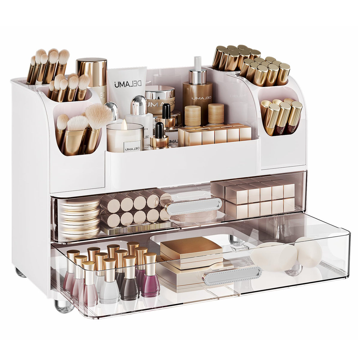 Delamu makeup organizer countertop with curved brush slots keeps brushes organized and accessible on your vanity