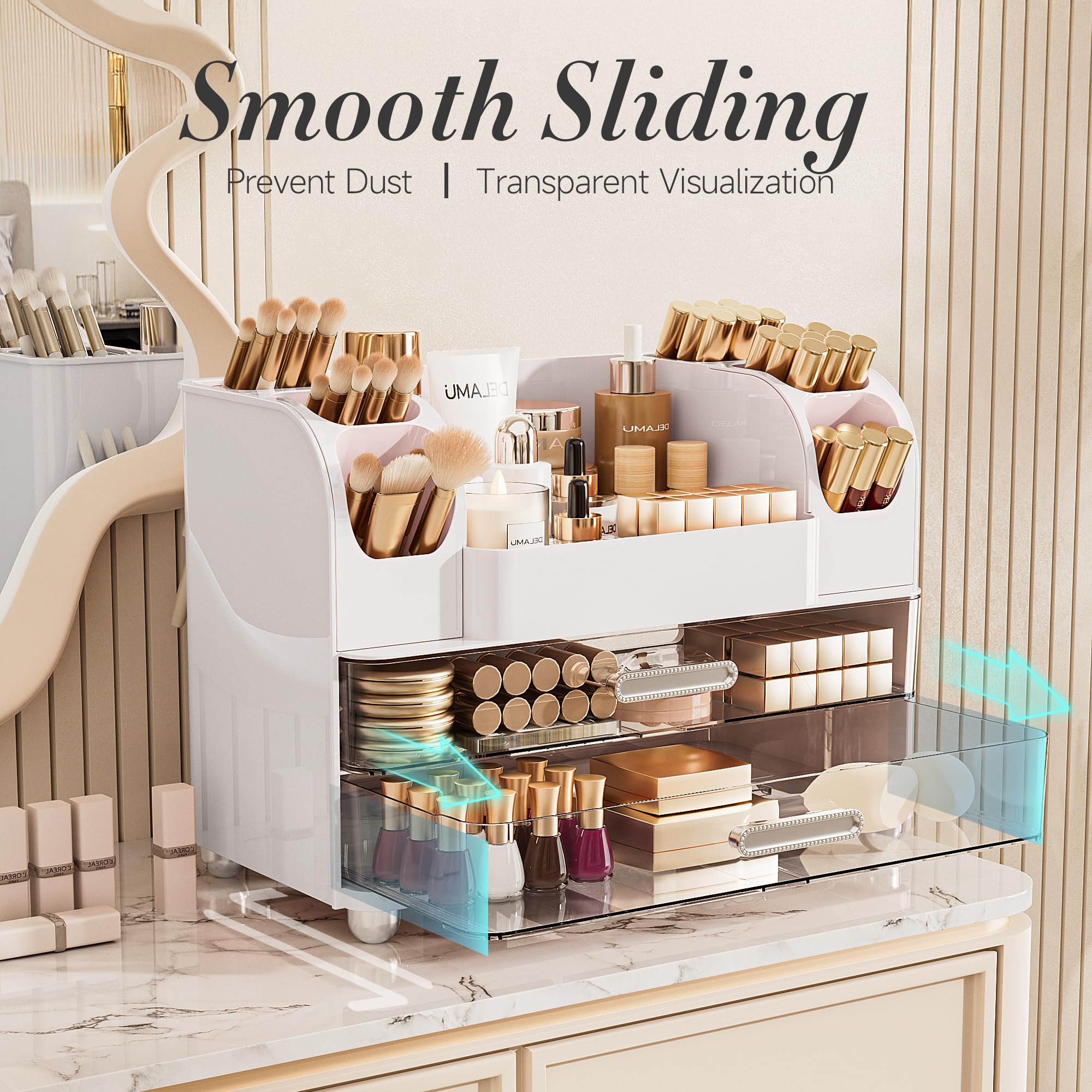 Delamu makeup organizer countertop features smooth metal handles for durable, easy opening and closing