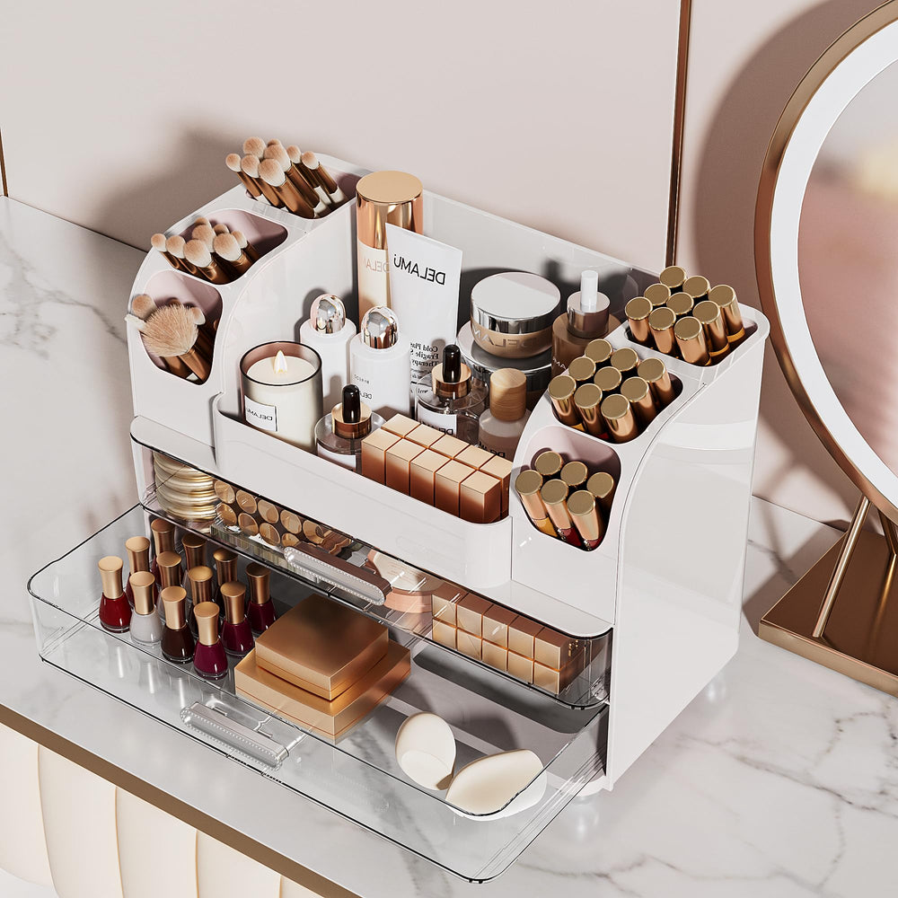 Delamu curved-slot design keeps slender cosmetics categorized and easy to reach