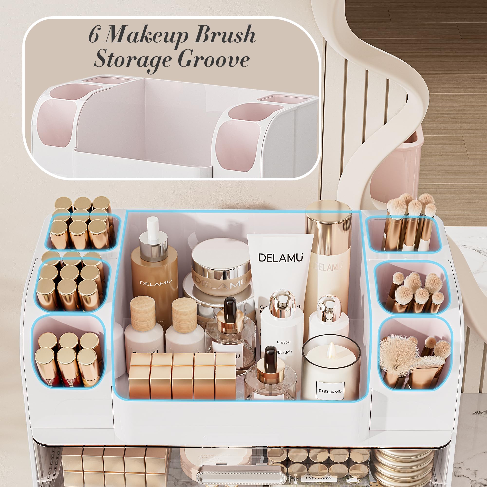 Delamu makeup organizer countertop in white or pink blends with any decor as a stylish vanity
