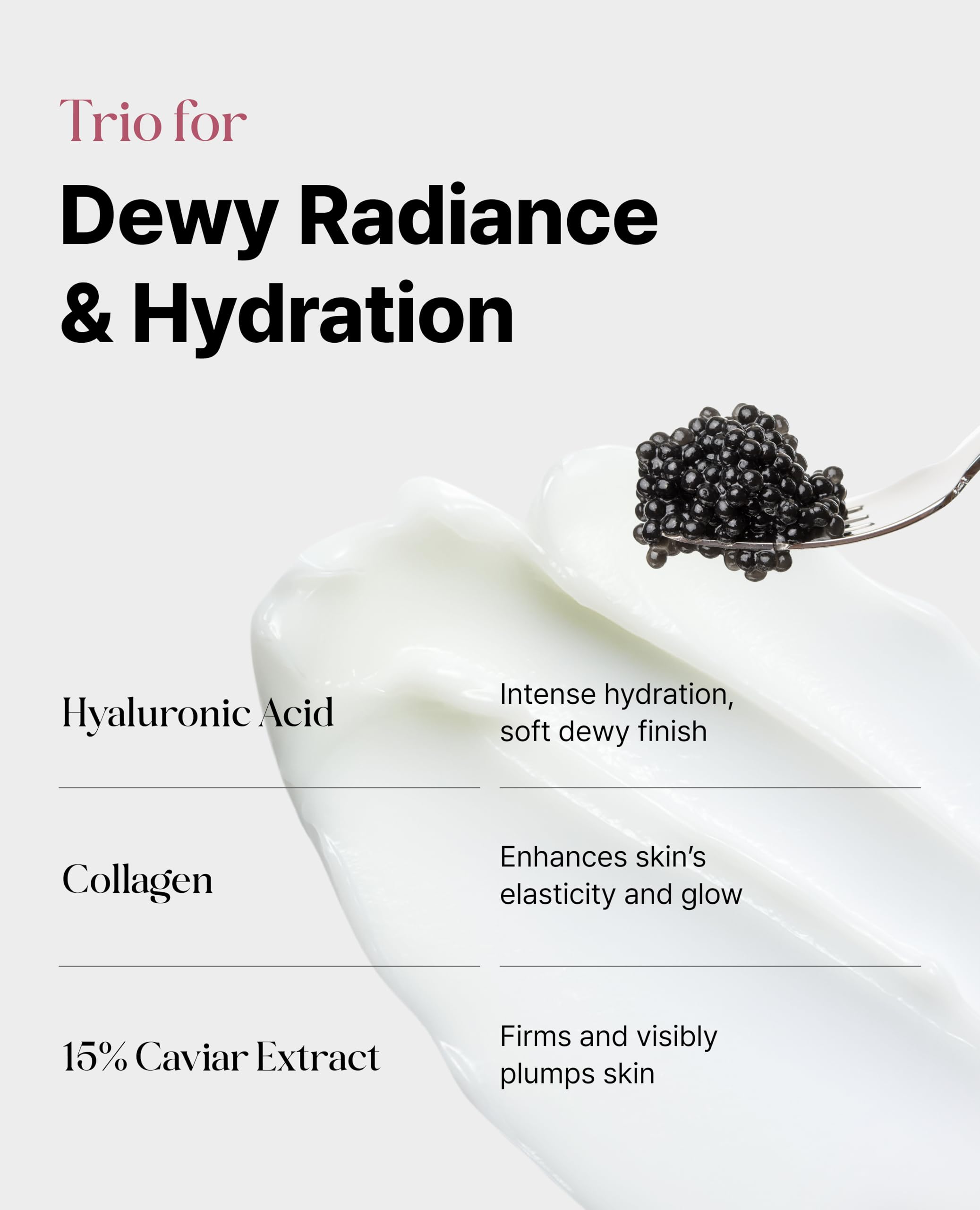Caviar extract detail highlighted in Delere Glow Dewy Cream formula.