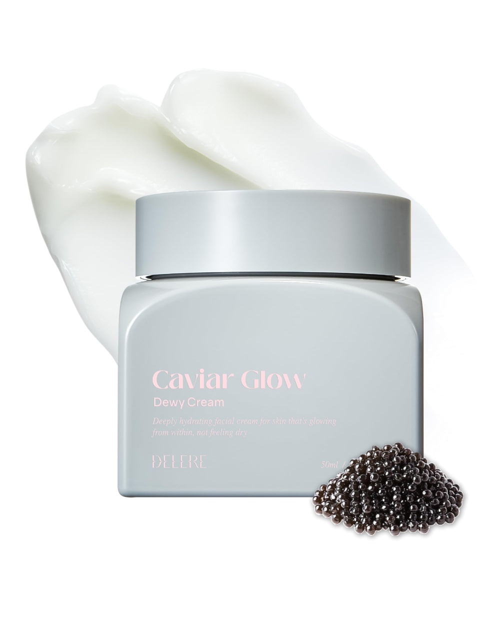 Delere Caviar Glow Dewy Cream packaging shows premium hydration focus.