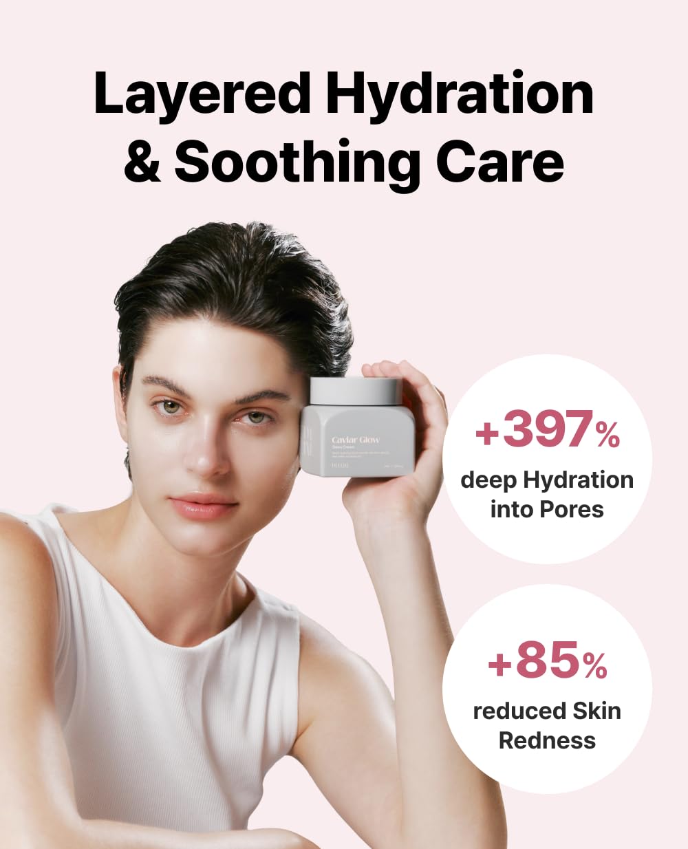 Applying Delere Caviar Glow Dewy Cream to the cheek for a radiant glow.