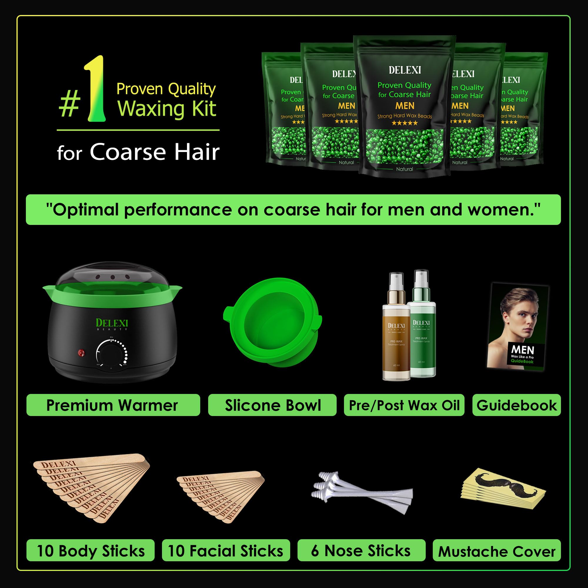 DELEXI elastic-black wax formula designed for coarse hair, improving grip on stubborn roots.