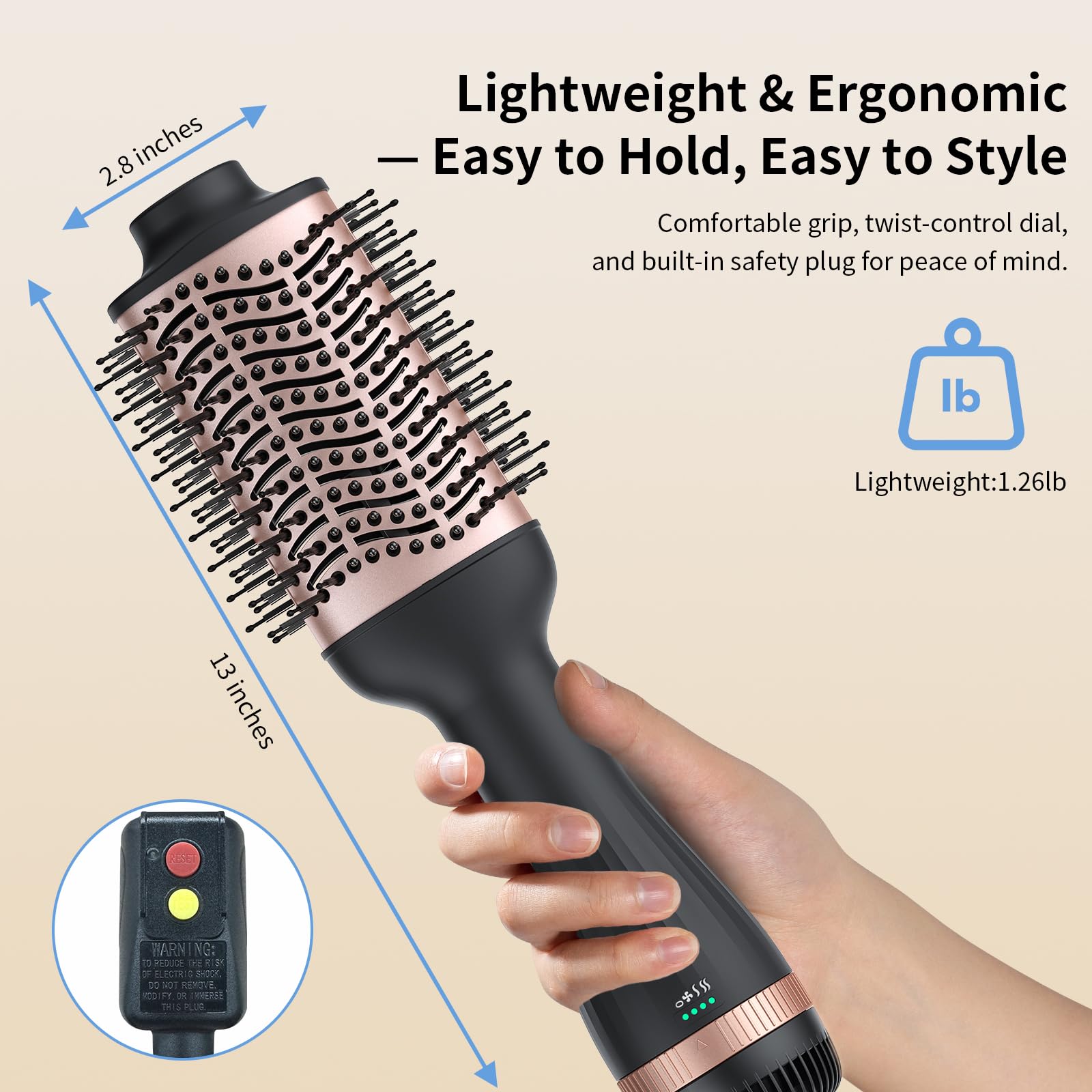 Delpattern hot air brush uses ionic tech to reduce frizz for a smooth finish.
