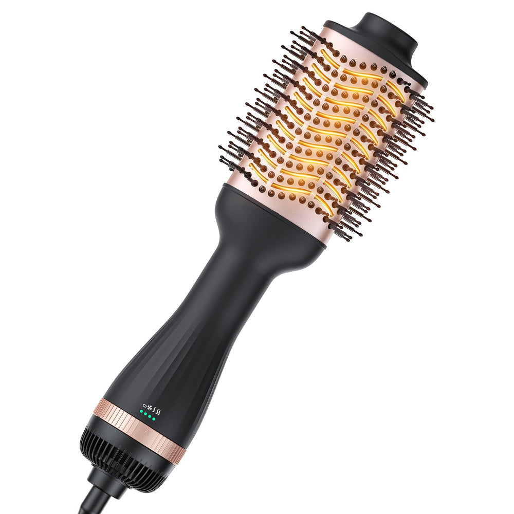 Delpattern hot air brush with oval barrel creates lift and volume for sleek blows.